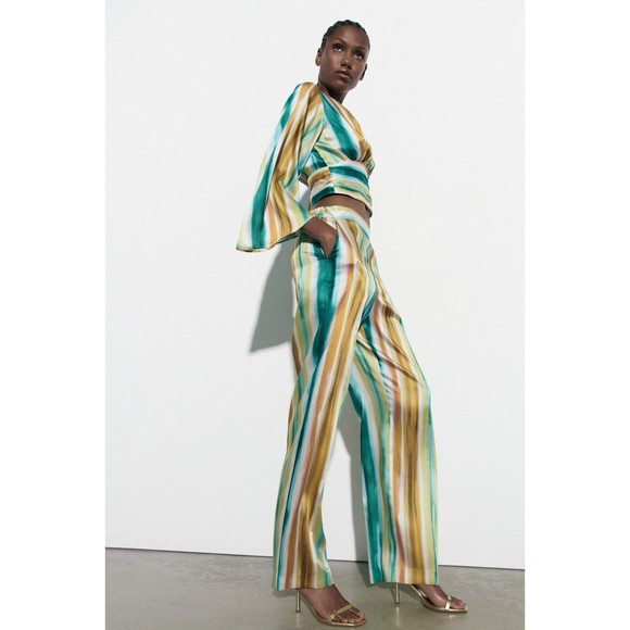 ZARA STRIPED PRINT STRAIGHT CUT PANTS NWT M RUNS M NEW - Picture 2 of 5